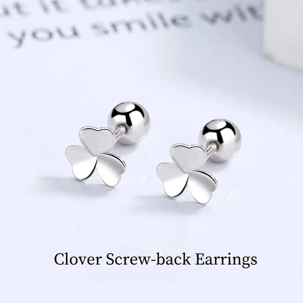 925 Sterling Silver Clover Screw Back Stud Earrings Simple Flower Heart Petal Piercing Jewelry For Women Daily Accessory