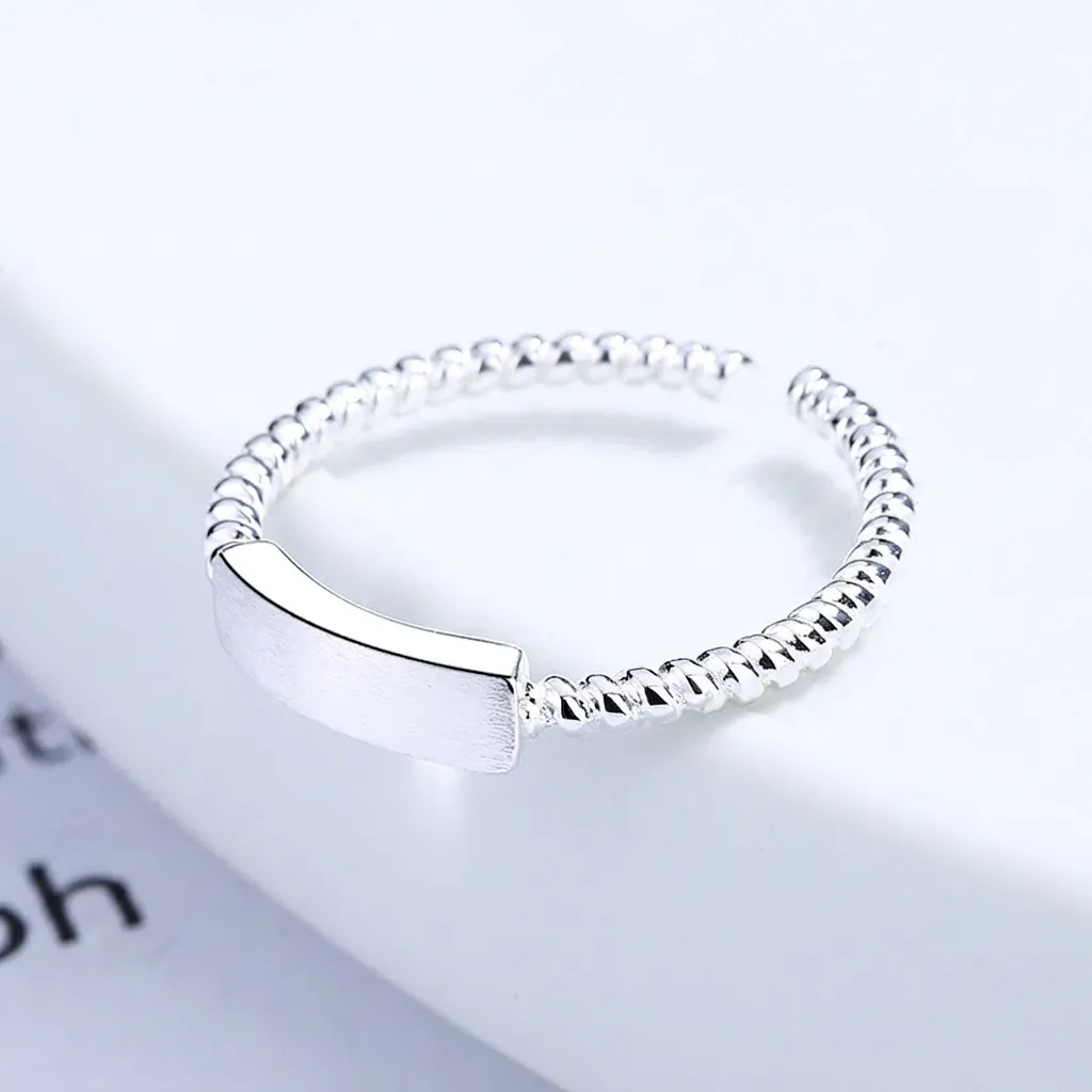 925 Sterling Silver Twisted Rope Open Ring For Women Minimalist Design Rectangle Tag Adjustable Fashion Jewelry Finger Ring