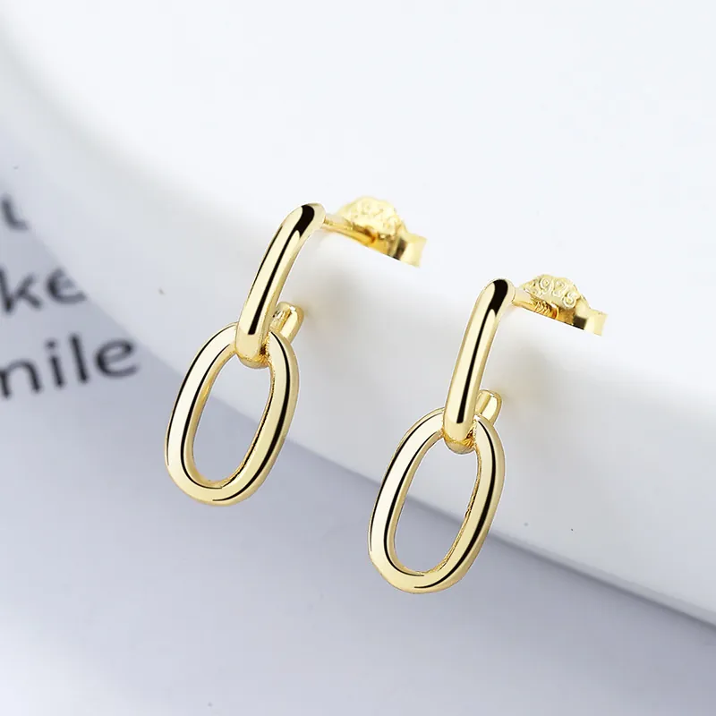 Boucles d'Oreilles Clous en Argent Sterling 925 Double Anneau Ovale Minimaliste Style Français Géométrique pour Femme Bijoux