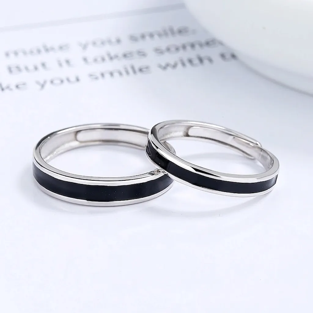 Anelli di Coppia in Argento Sterling 925 Minimalista Smalto Nero Anello Regolabile Aperto Uomo Donna Gioielli Regalo
