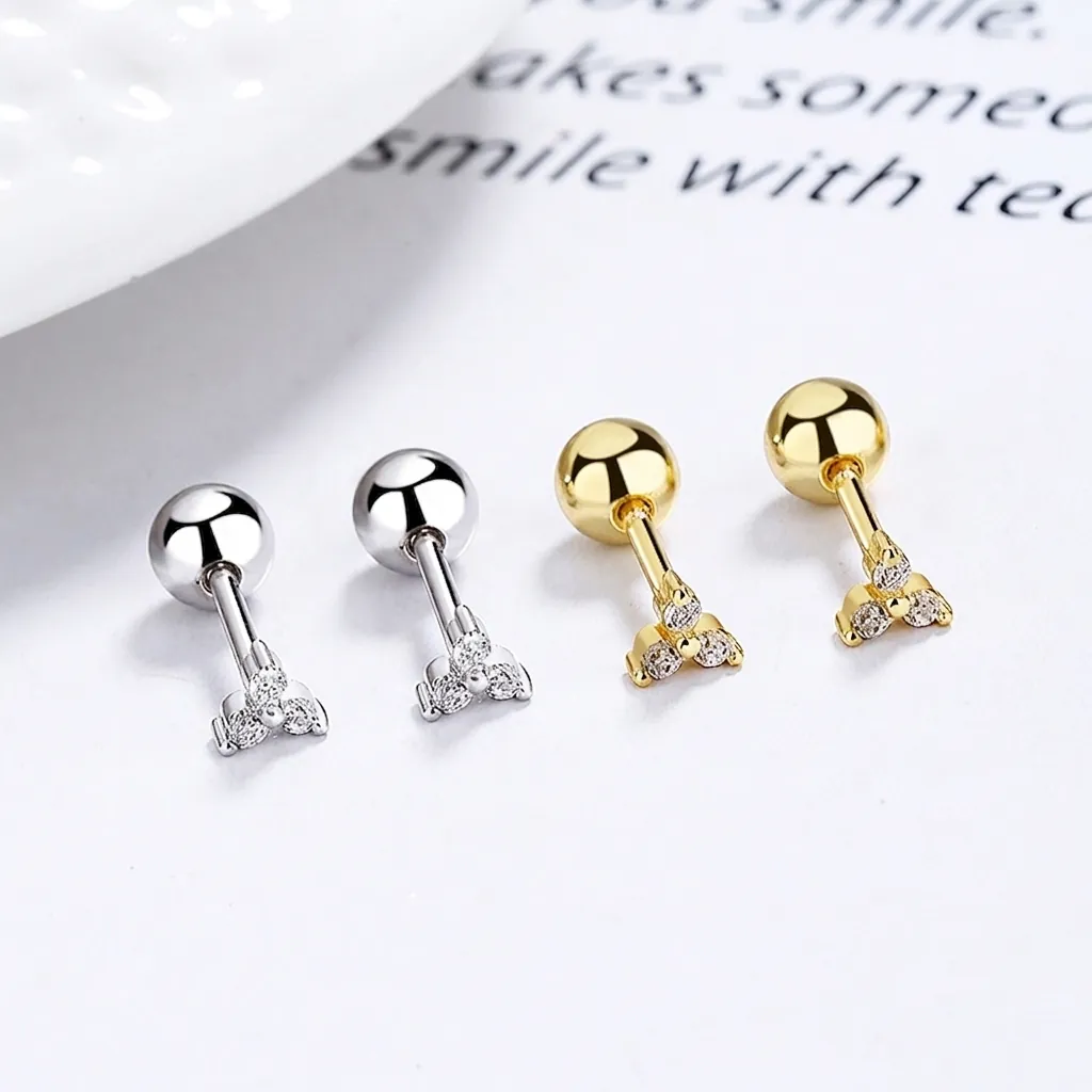 Minimalist 925 Sterling Silver Clover Screw Back Stud Earrings For Women Rhinestone Triangle Tiny Ear Bone Piercing Jewelry