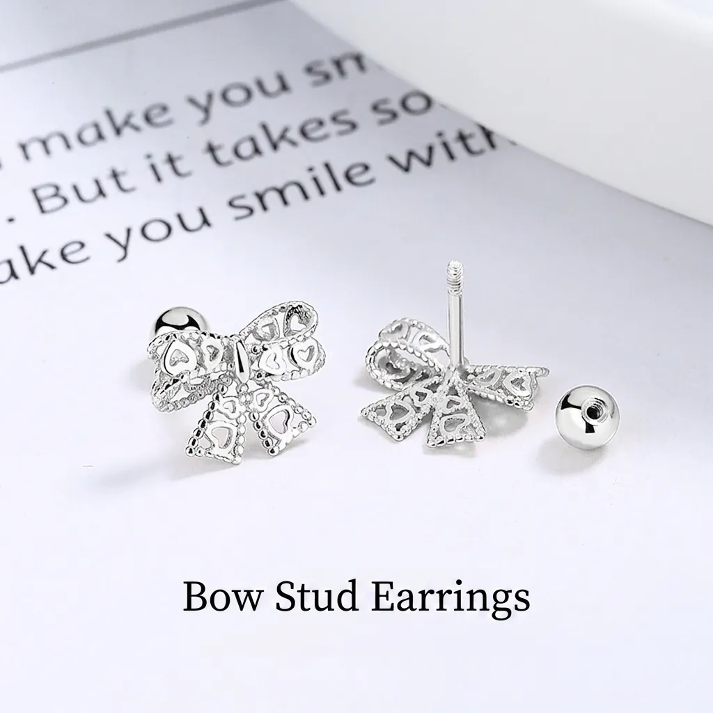 925 Sterling Silver Bowknot Stud Earrings For Women Hollow Heart Design Screw Back Ball Small Sweet Jewelry
