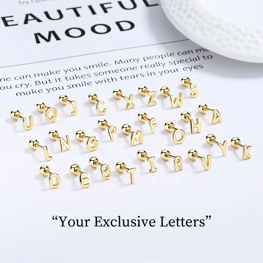 925 Sterling Silver Gold Plated 26 English Alphabet Letter Screw Back Stud Earrings For Women Minimalist Initial Ear Bone Piercing Jewelry Gift