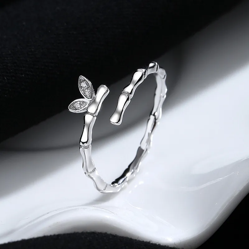 Minimalist 925 Sterling Silver Bamboo Open Ring For Women Adjustable Leaf Rhinestone Niche Design Sweet Finger Ring Jewelry