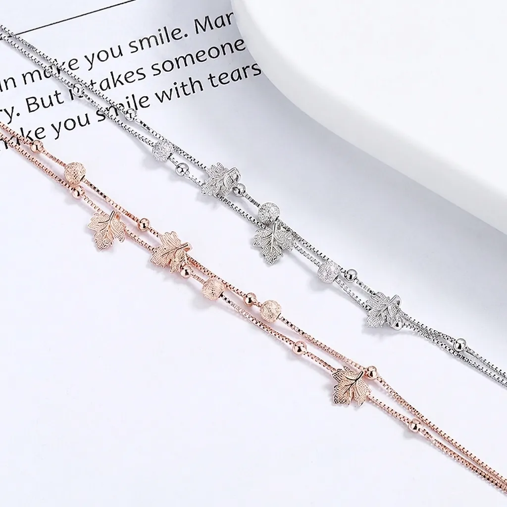 925 Sterling Silver Maple Leaf Double Layer Bracelet For Women Platinum Rose Gold Plated Frosted Beads Fine Jewelry Gift