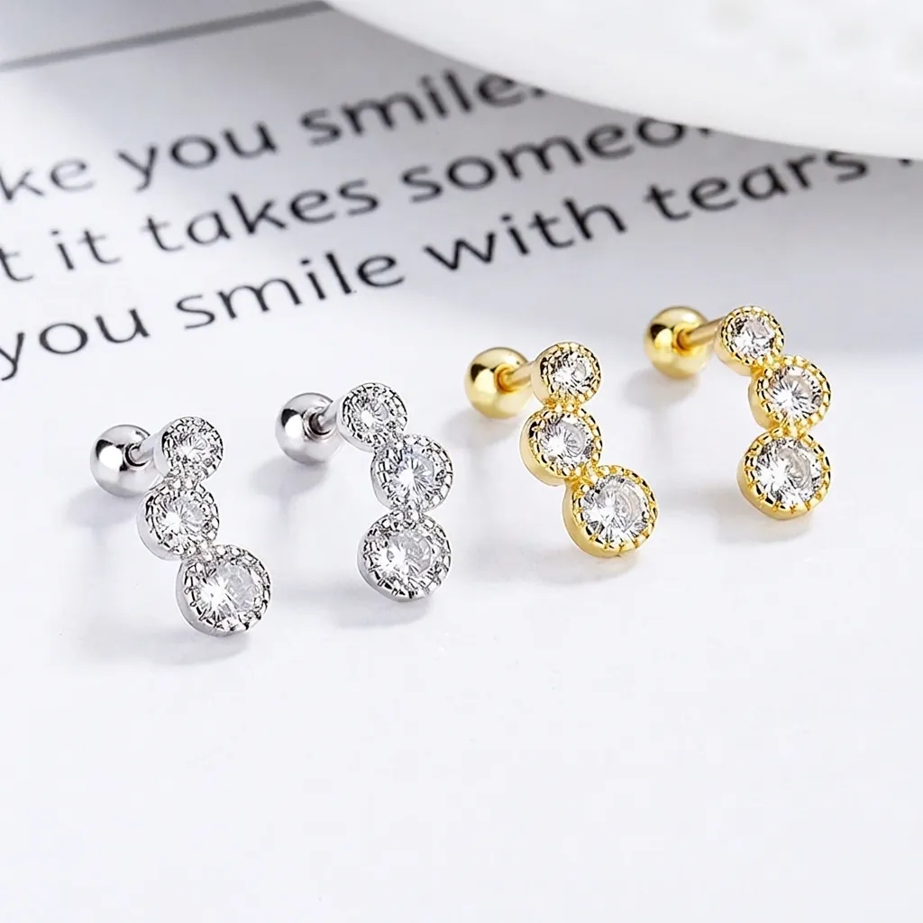 925 Sterling Silver Round Row Rhinestone Screw Back Stud Earrings For Women White Yellow Gold Electroplated Piercing Jewelry