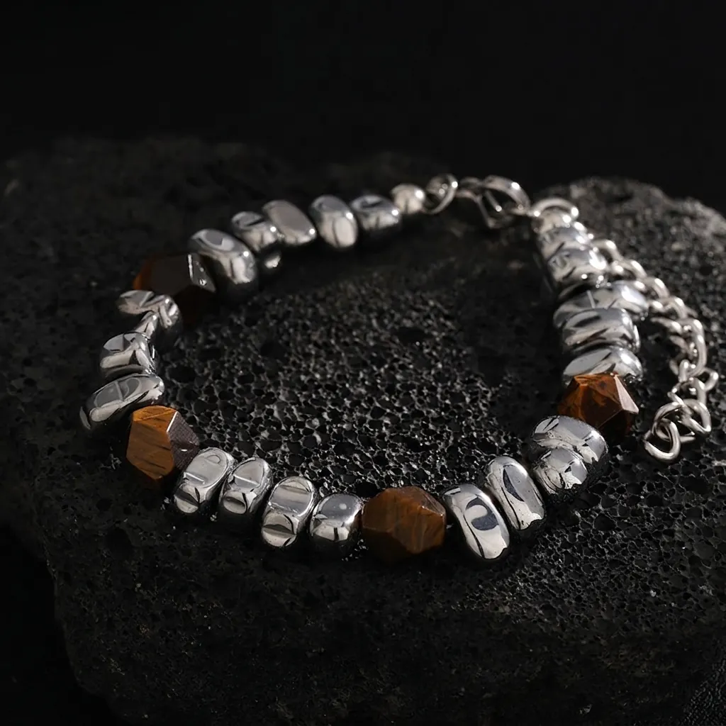 Retro Titanium Steel Spliced Tiger Eye Beaded Bracelet For Men Women New Chinese Style Minimalist Geometric Hand String Jewelry