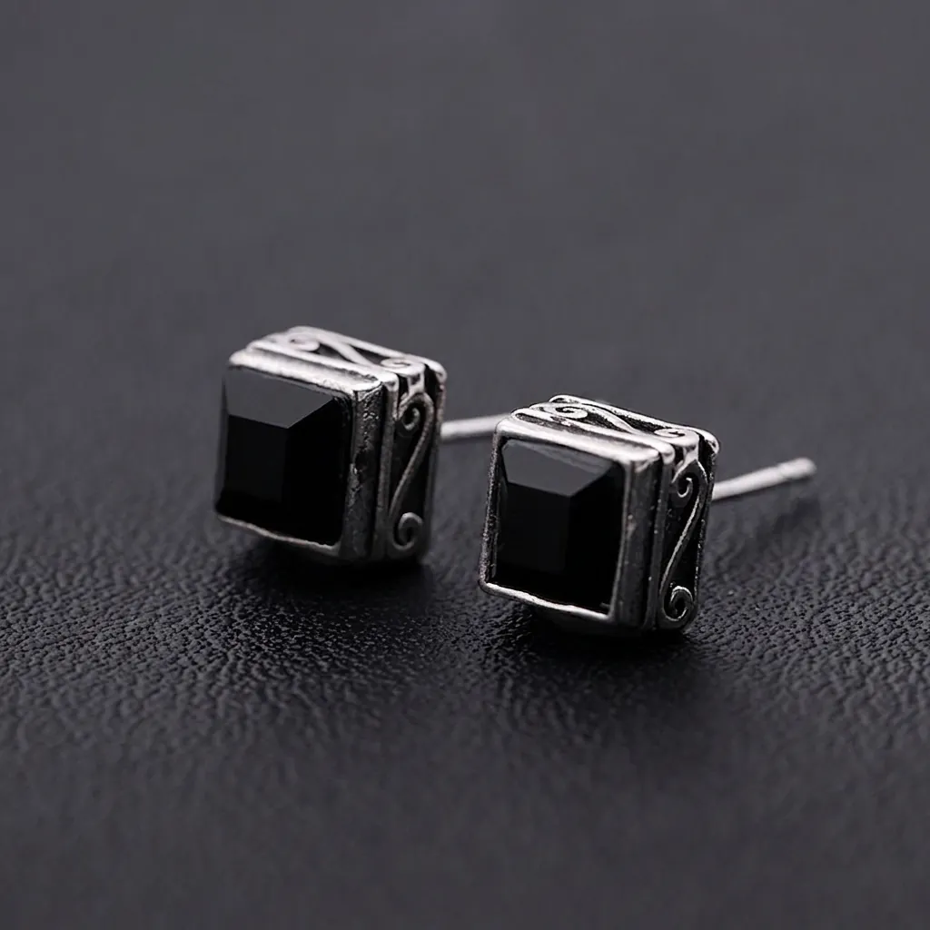 Vintage Quadratische Schwarze Zirkonia Ohrstecker Für Herren Damen Kupfer Wolkenmuster Geometrisch Eingelegter Ohrschmuck