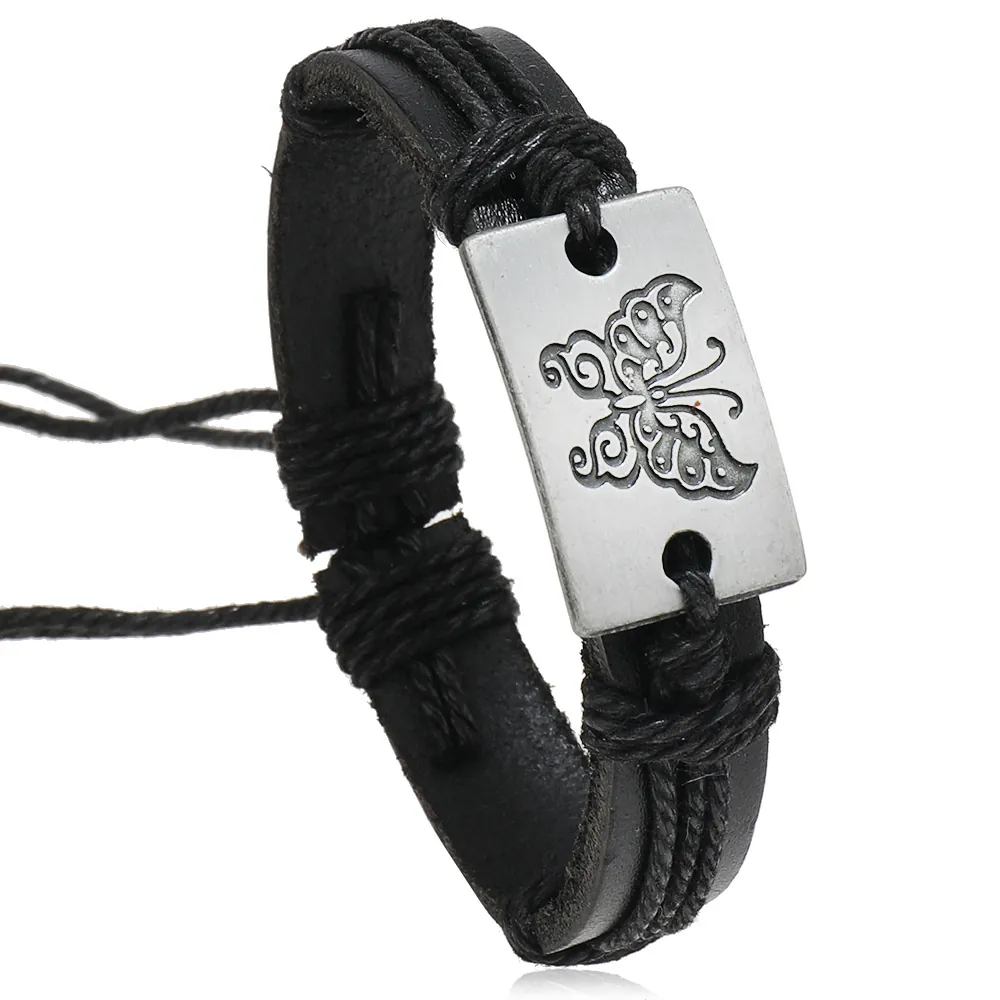 Vintage Unisex Leather Braided Bracelet With Alloy Butterfly Plate Retro Punk Cowhide Adjustable Drawstring Wristband Jewelry