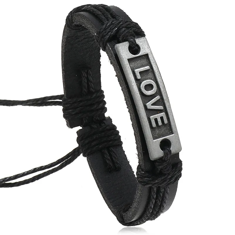 Handmade Retro Cowhide Leather Woven Bracelet For Men Women Punk Adjustable Wax Rope Alloy Love Engraved Charm Jewelry Gift