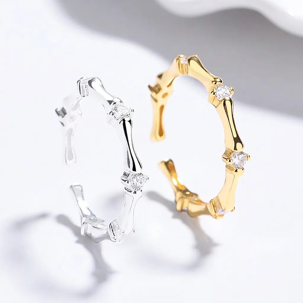 S925 Sterling Silver Bamboo Joint Open Ring For Women Elegant Nature Style Zirconia Inlaid Adjustable Finger Jewelry Accessory