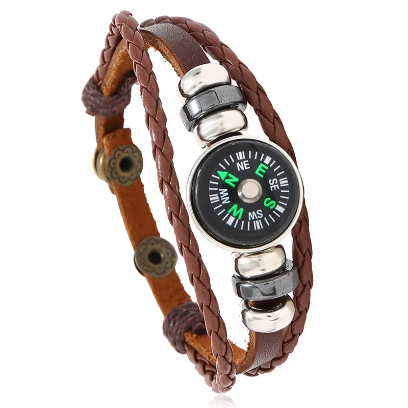 Punk Meerlaags Gevlochten Runderleer Armband Met Kompas Retro Metalen Kralen Verstelbare Polsband Voor Heren Dames Outdoor Sieraden