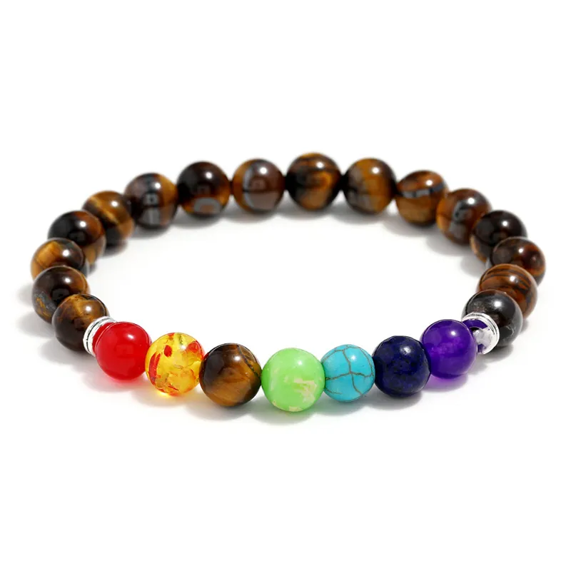 Seven Chakra Natural Tiger Eye Beaded Bracelet Healing Energy Elastic Bracelet With Metal Spacers Ethnic Men Women Jewelry