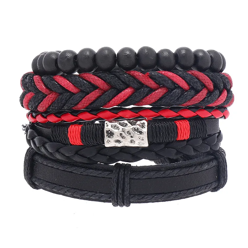 Bohemian Vintage Multi-layer Leather Bracelet Set For Men Women Woven Cord Beads Alloy Charm Bracelet Punk Retro Jewelry Gift
