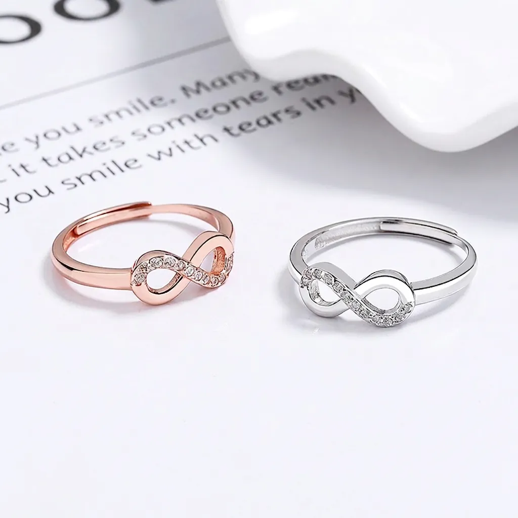 Bague Ouverte en Forme de 8 Infini en Argent Sterling 925 pour Femme Avec Strass Incrusté Bijoux de Mode Réglables Minimalistes