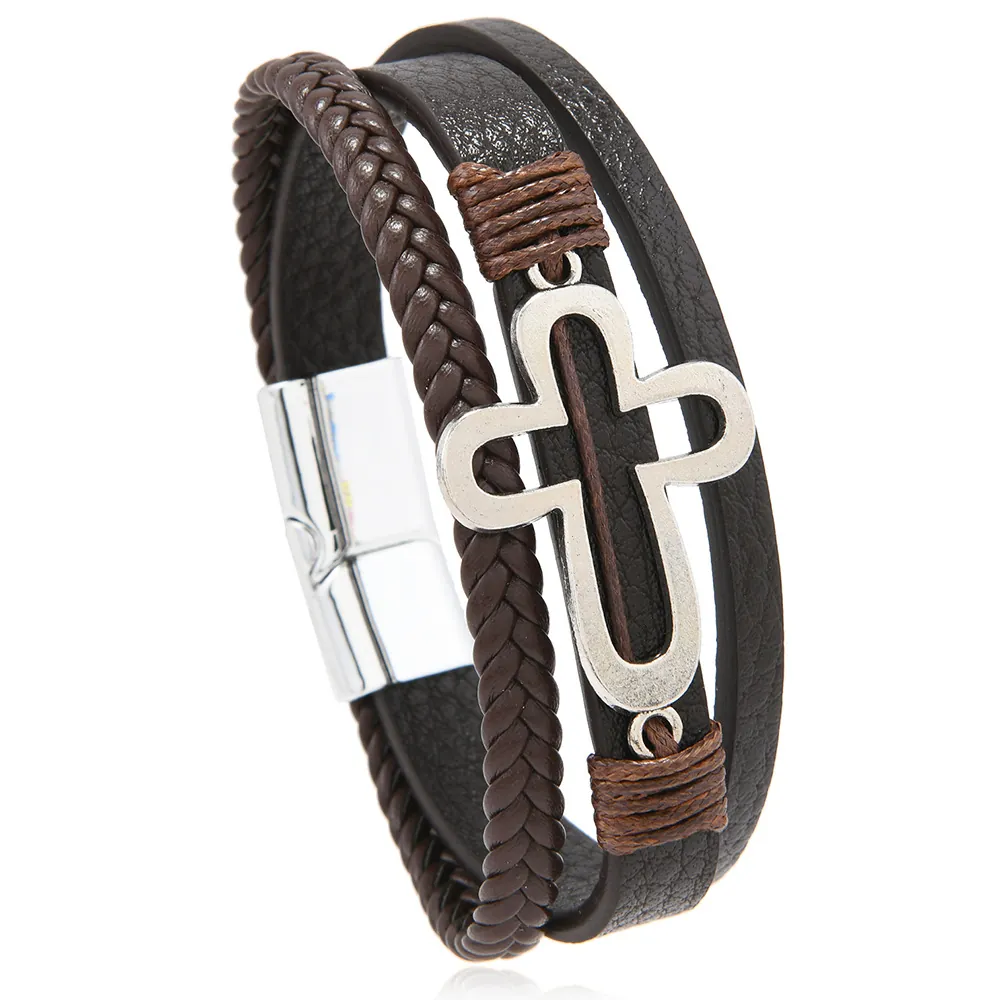 Men Vintage Multi-Layer Braided Artificial Leather Bracelet Hollow Cross Alloy Magnet Clasp Religious Punk Style Fashion Jewelry