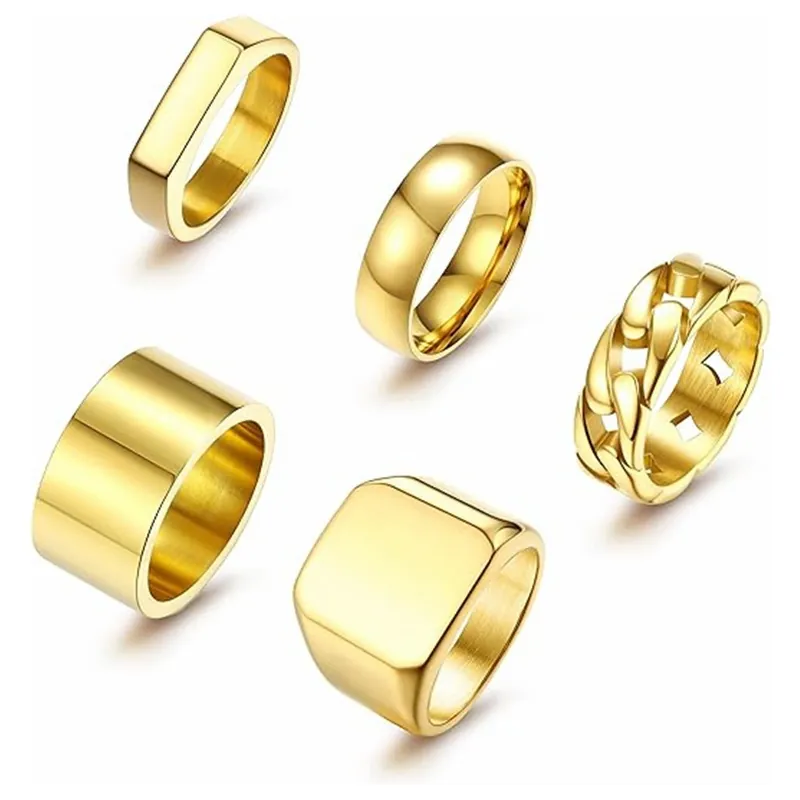 Men Titanium Steel Rings European American Punk Square Cuban Link Rings Gold Silver Black Finger Jewelry Accessories