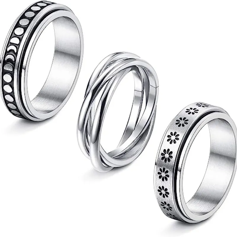 Bagues Spinner en Acier Titane Motif Floral Étoile et Lune Bague Rotative de Soulagement de l'Anxiété pour Femmes Hommes