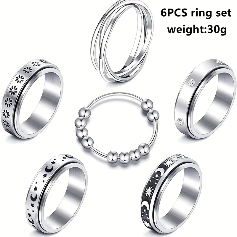 Anelli Fidget Rotanti in Acciaio al Titanio Stella Luna per Donna Sollievo dall'Ansia Anello Spinner Luna Sole