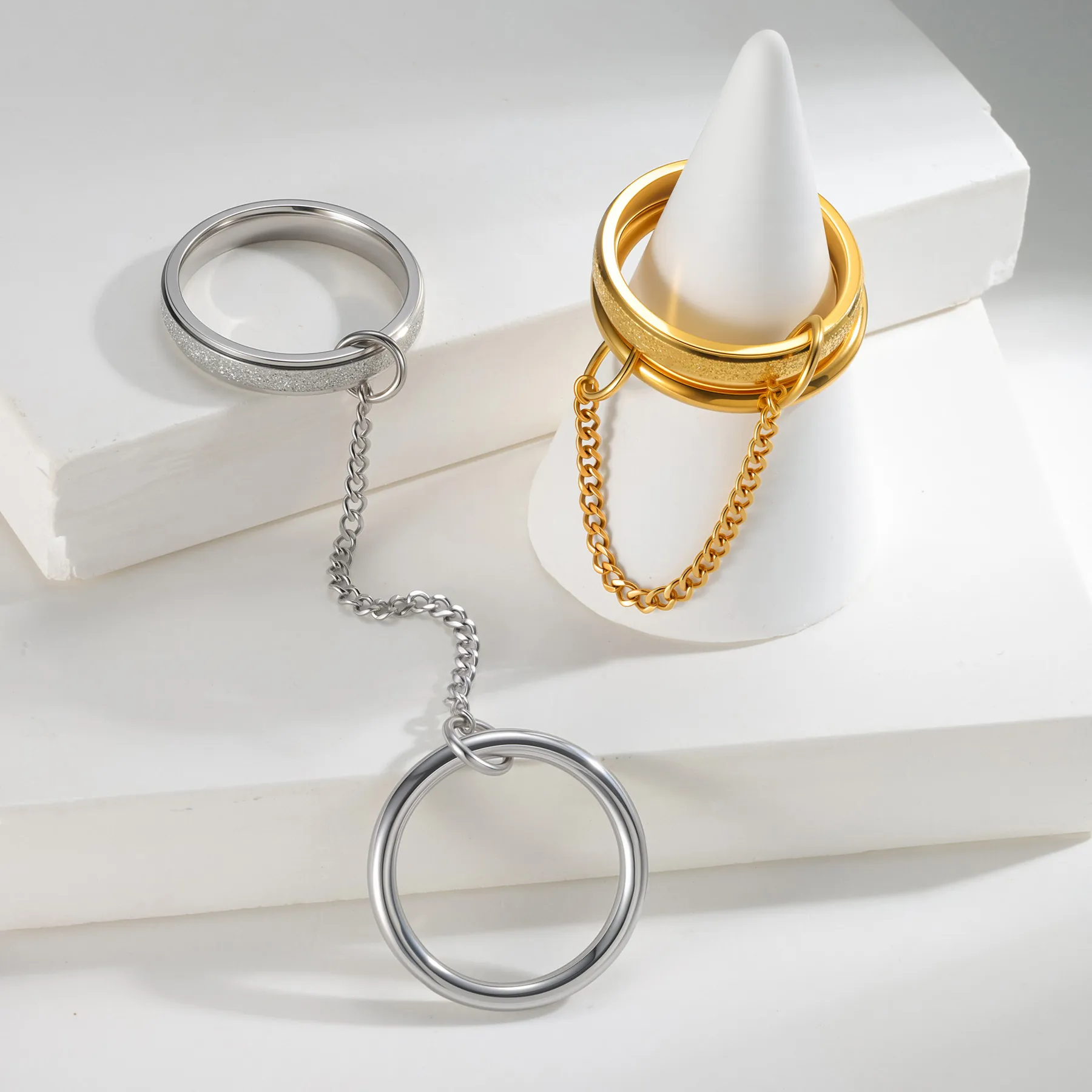 Minimalist Titanium Steel Chain Connected Rings For Women Gold Silver Frosted Polished Gothic Stackable Finger Ring Jewelry