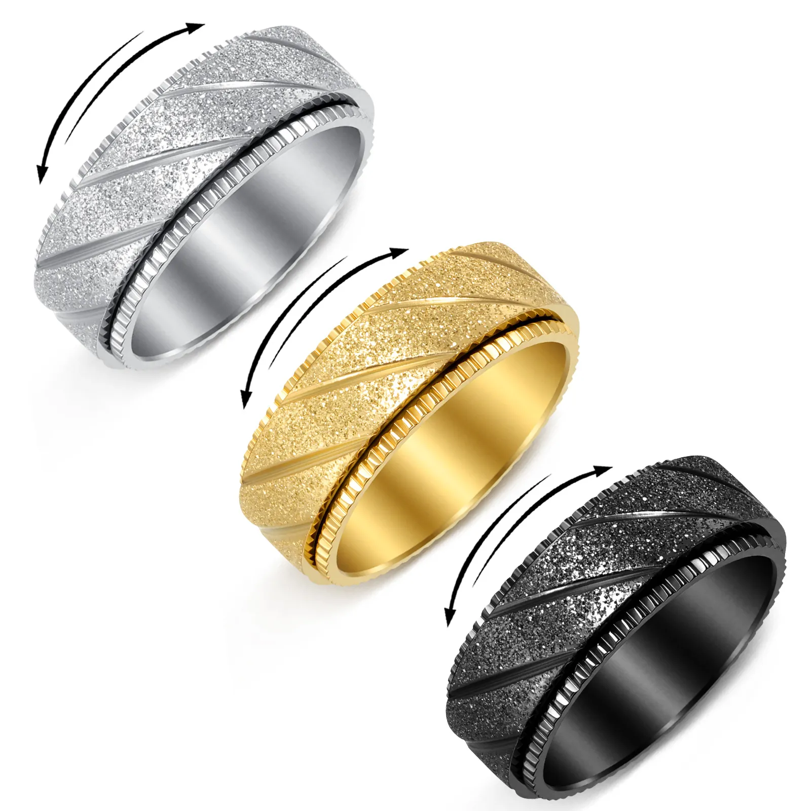 Bague Spinner en Acier Inoxydable 304 Style Punk pour Soulager L'anxiété Finition Mate Givrée Bague Rotative pour Hommes Femmes Bijoux de Mode