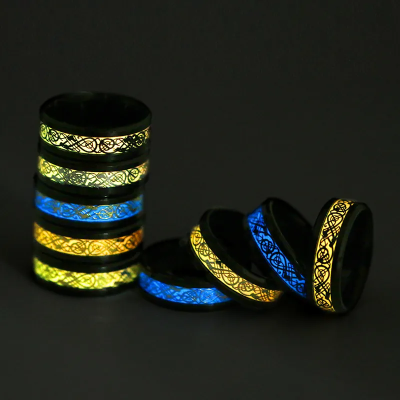 Stainless Steel Luminous Ring Vintage Celtic Dragon Pattern Fluorescent Glow In The Dark Band Ring For Men Women Gothic Punk Jewelry
