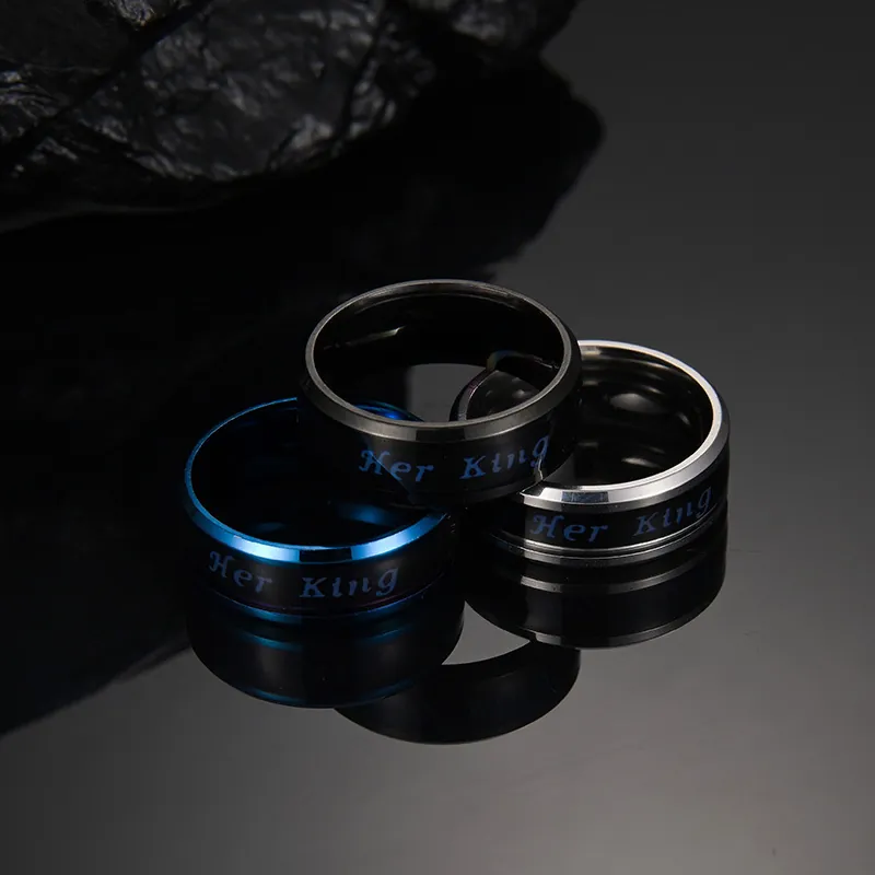 Anello per Coppia in Acciaio al Titanio con Cambio di Colore Sensibile alla Temperatura Scritta Her King His Queen Gioielli alla Moda da Uomo e Donna