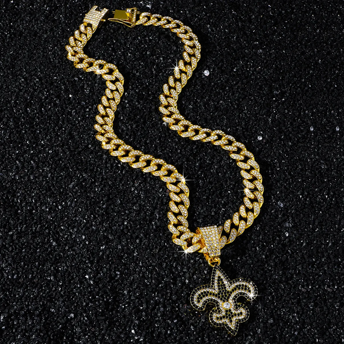 Collier Pendentif Fleur de Lys Homme Hip Hop Alliage de Zinc Maille Gourmette Or Argent Strass Incrusté Bijoux Street