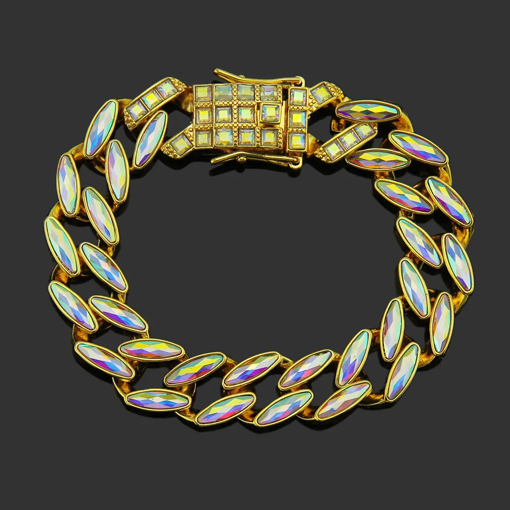 Hip Hop Cuban Link Bracelet Alloy Marquise Rhinestone Inlaid Gold Silver Plated Iced Out Chain Bracelet For Men Women Daily Fashion Jewelry