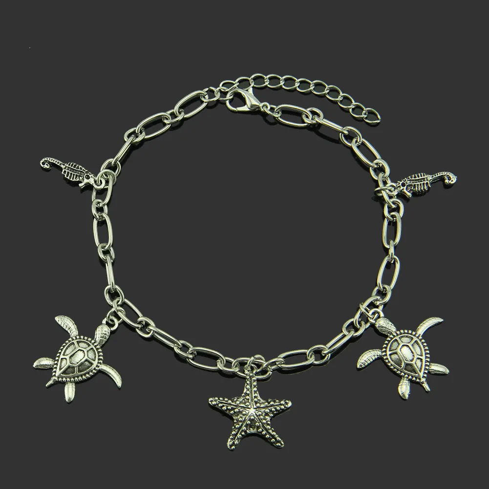 Vintage Ocean Theme Charm Bracelet For Women Antique Silver Alloy Sea Turtle Seahorse Starfish Pendant Adjustable Bracelet