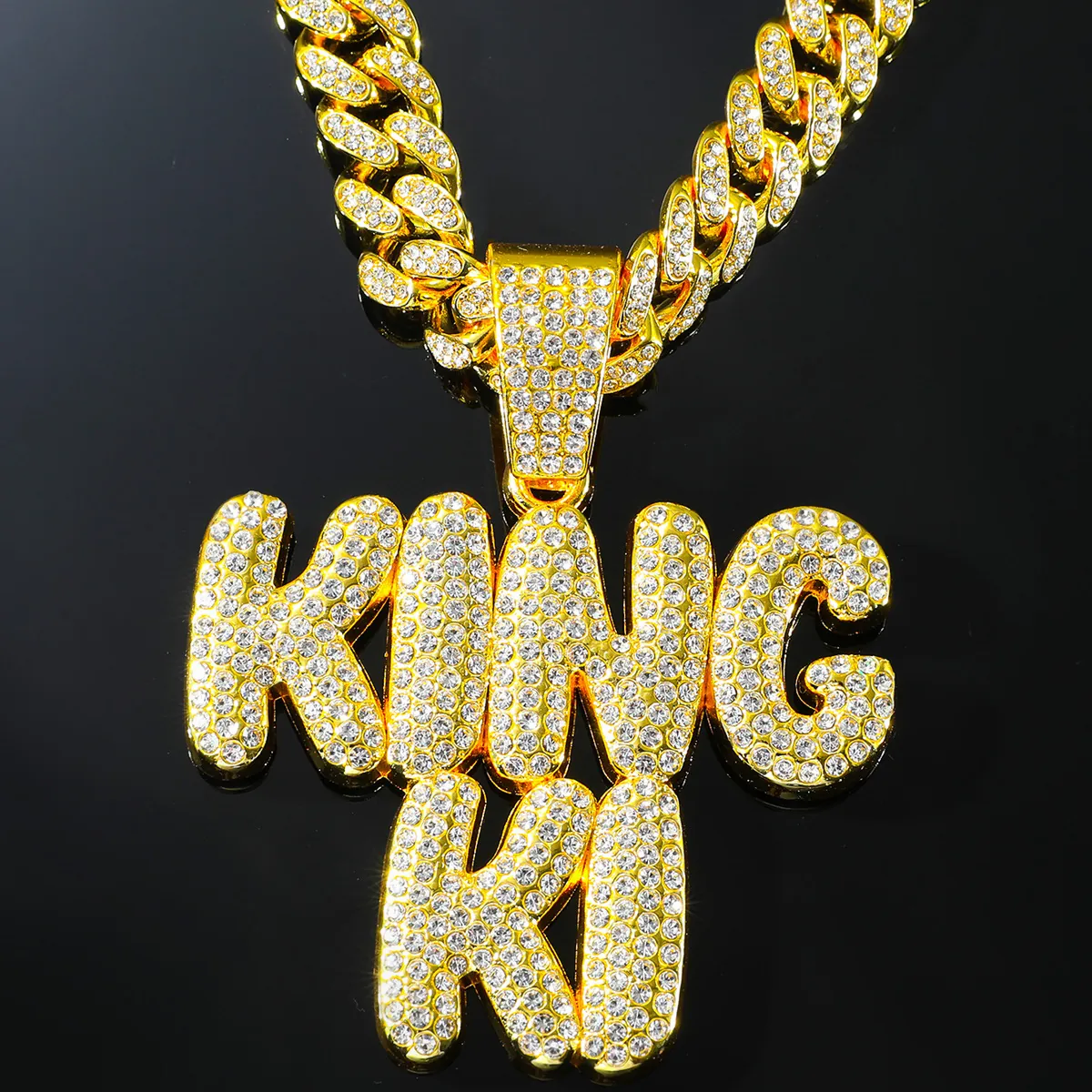 Iced Out King Ki Letter Pendant Necklace Alloy Rhinestone Pavé Setting Hip Hop Cuban Chain For Men Street Jewelry