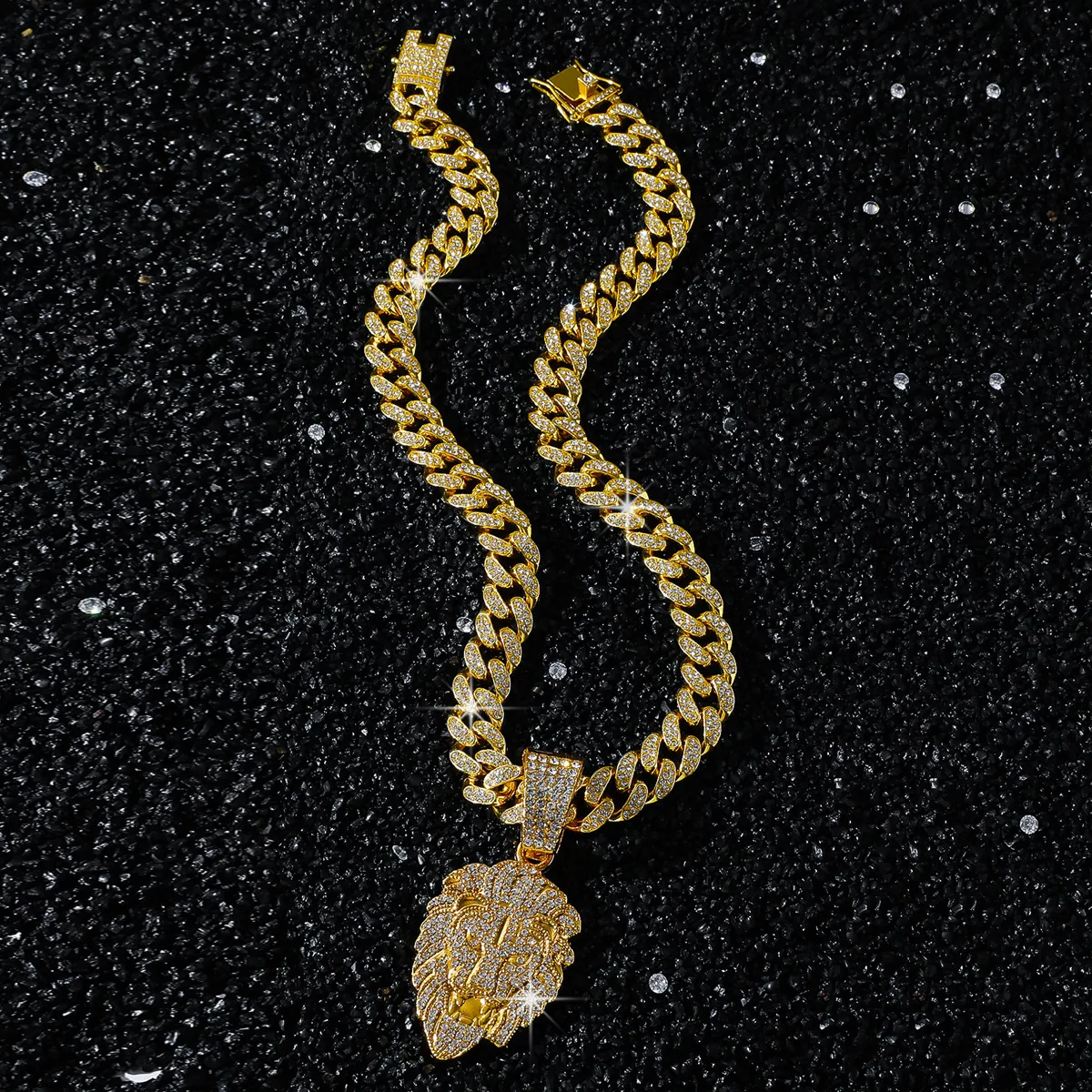 Iced Out Löwenkopf Anhänger Halskette Herren Hip Hop Schmuck Zinklegierung Strass Besetzt Tier Kette Panzerkette