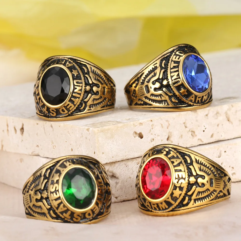 Vintage 304 Stainless Steel US Army Eagle Signet Ring Gold Plated Rhinestone Military Anniversary Ring For Men Women