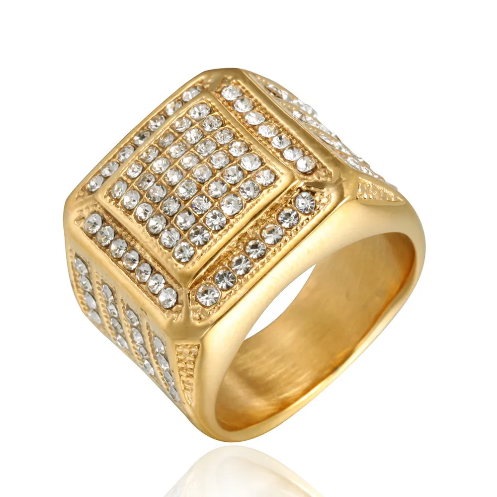 Men Hip Hop Titanium Steel Square Ring Iced Out Pave Rhinestone Band Ring Gold Silver Color Fashion Jewelry Accessories