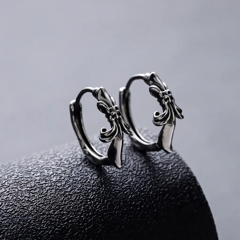Men Retro Silver Color Copper Huggie Earrings With Engraved Cross Fleur-de-lis Pattern Gothic Hip Hop Style