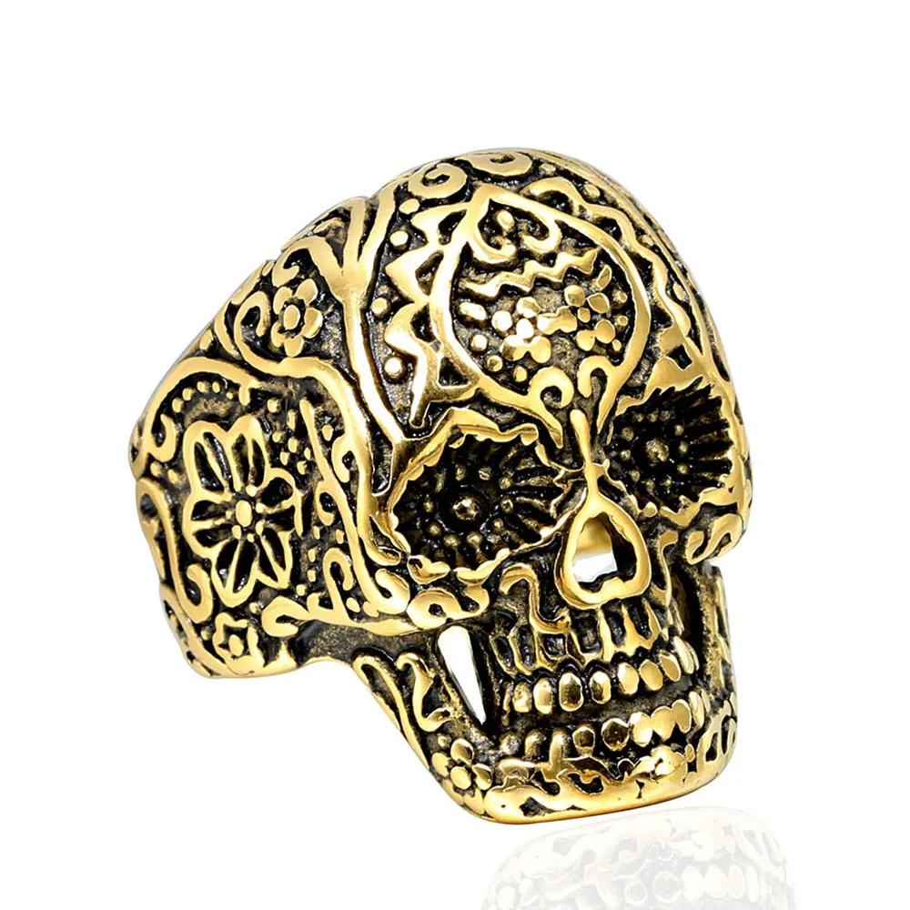 Vintage Men Stainless Steel Punk Skull Ring Gothic Mexican Sugar Skull Floral Carved Biker Ring Nightclub Rock Jewelry