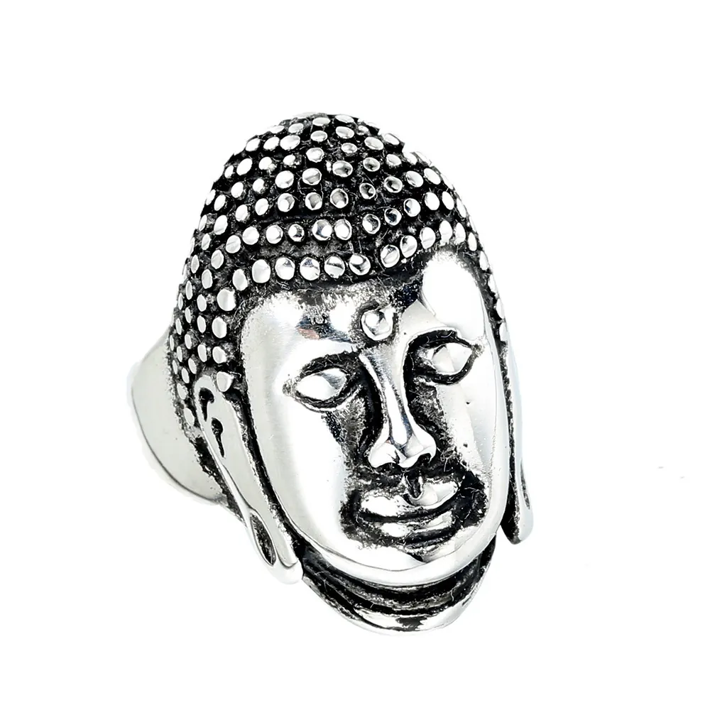 Vintage Stainless Steel Buddha Head Ring For Men Distressed Religious Style Titanium Steel Personalized Band Jewelry Gift