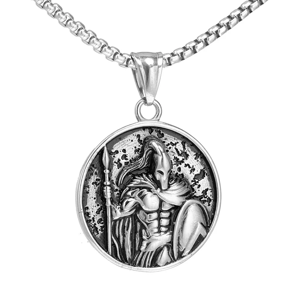 Vintage Stainless Steel Spartan Warrior Round Medallion Pendant Necklace Relief Distressed Greek Soldier Jewelry For Men
