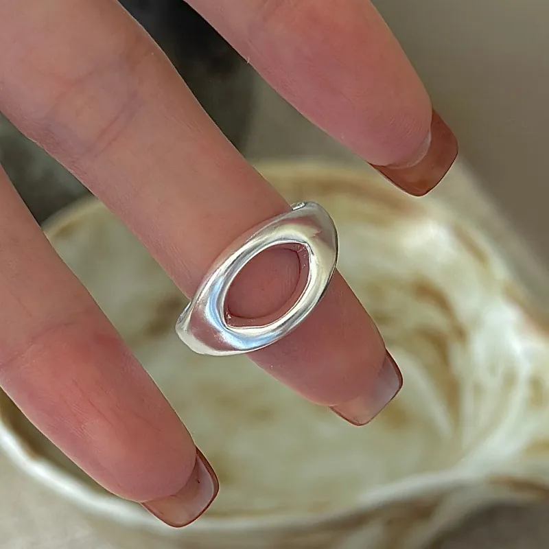 S925 Sterling Silver Hollow Oval Open Ring For Women Vintage Minimalist Irregular Adjustable Finger Ring Fashion Jewelry Accessory