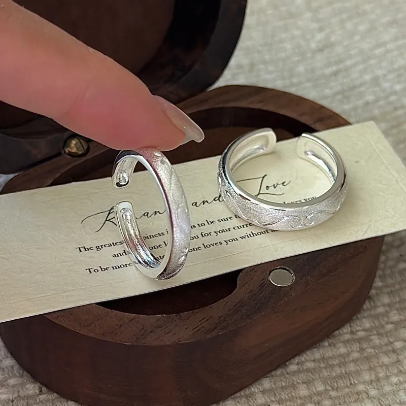 S925 Sterling Silver Open Ring For Women Minimalist Brushed Wave Texture Adjustable Finger Ring Korean Style Jewelry Gift