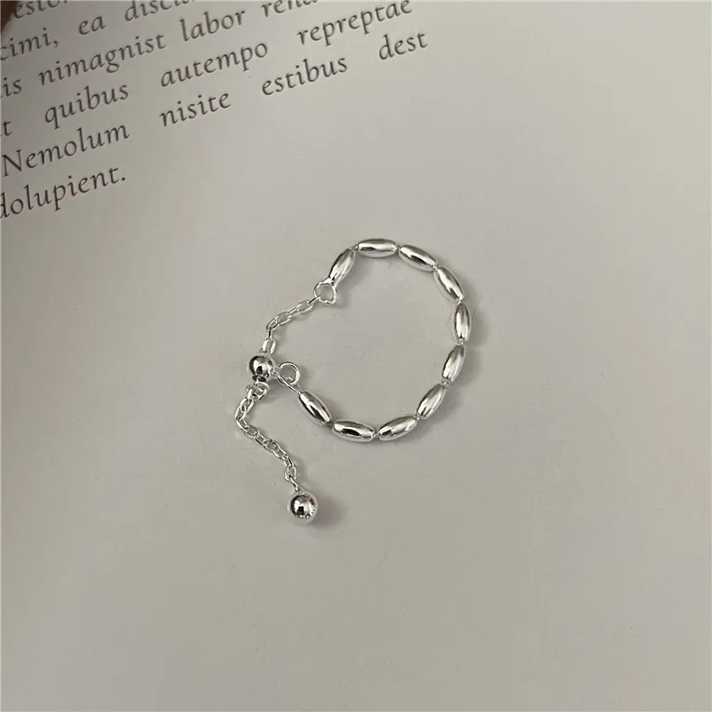 S925 Sterling Silver Beaded Chain Adjustable Ring For Women Minimalist Korean Style Dainty Polished Finger Ring Jewelry Gift