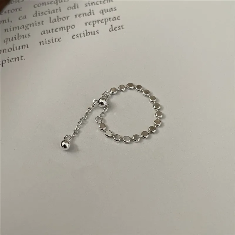 Minimalist 925 Sterling Silver Flat Bead Chain Ring For Women Korean Style Sparkling Adjustable Stackable Polished Finger Ring