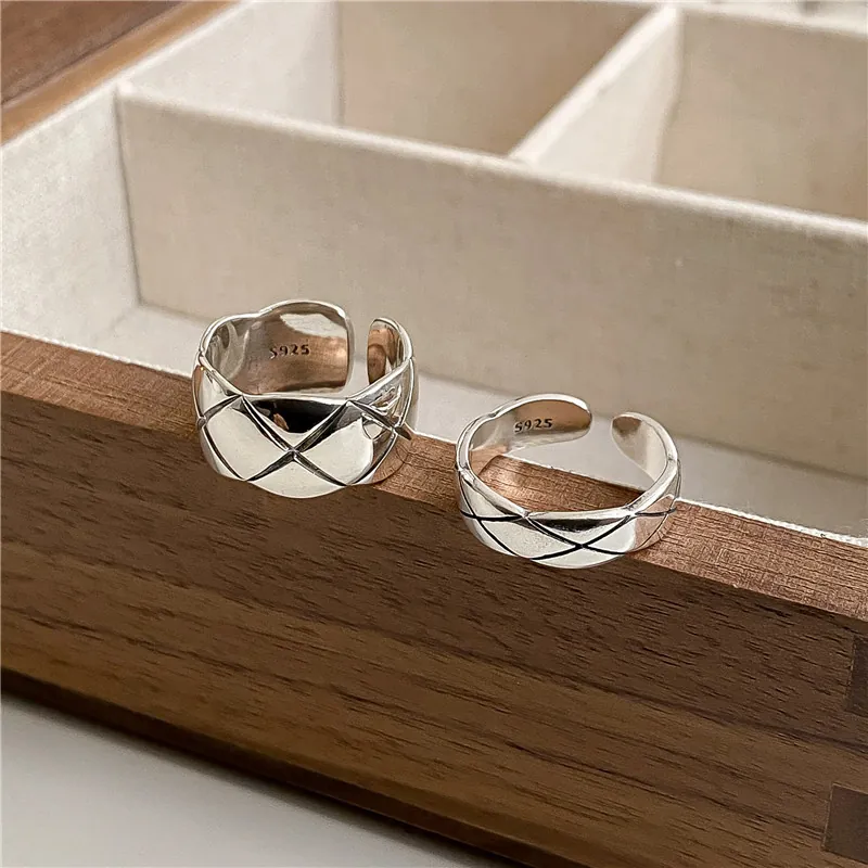 Anelli Aperti Trapuntati in Argento Sterling 925 Vintage per Donna Retro Motivo Geometrico Largo Stretto Regolabile Gioielli da Dito