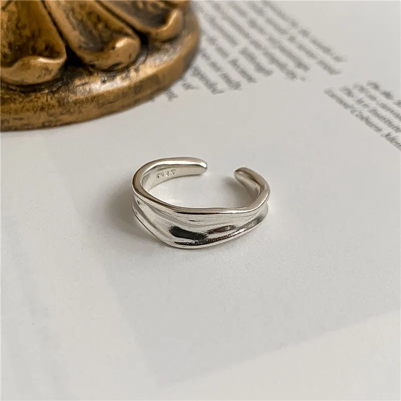 Bague Ouverte Irrégulière en Argent Sterling S925 pour Femme Texture Métal Liquide Minimaliste Bague Ajustable Bijoux de Mode