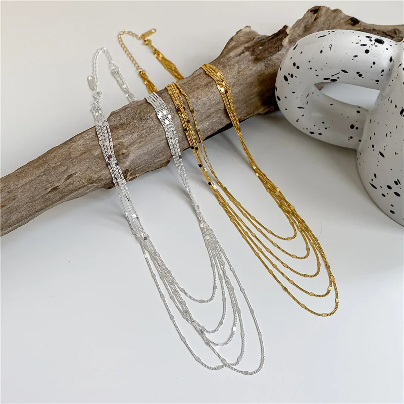 Collier Fin Multicouche Étincelant en Argent Sterling 925 Mode Vintage Luxe Léger Chaîne à Paillettes Choker pour Femme Bijoux Quotidiens