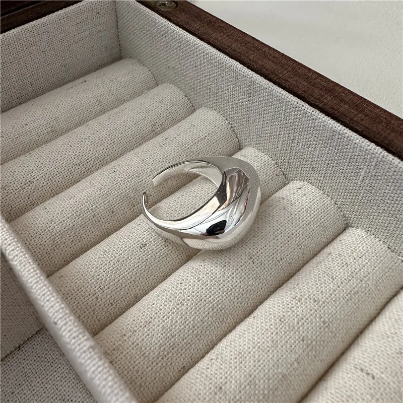 S925 Sterling Silver Chunky Ring For Women Minimalist Polished Mirror Surface Open Adjustable Band Ring Korean Style Fashion Jewelry