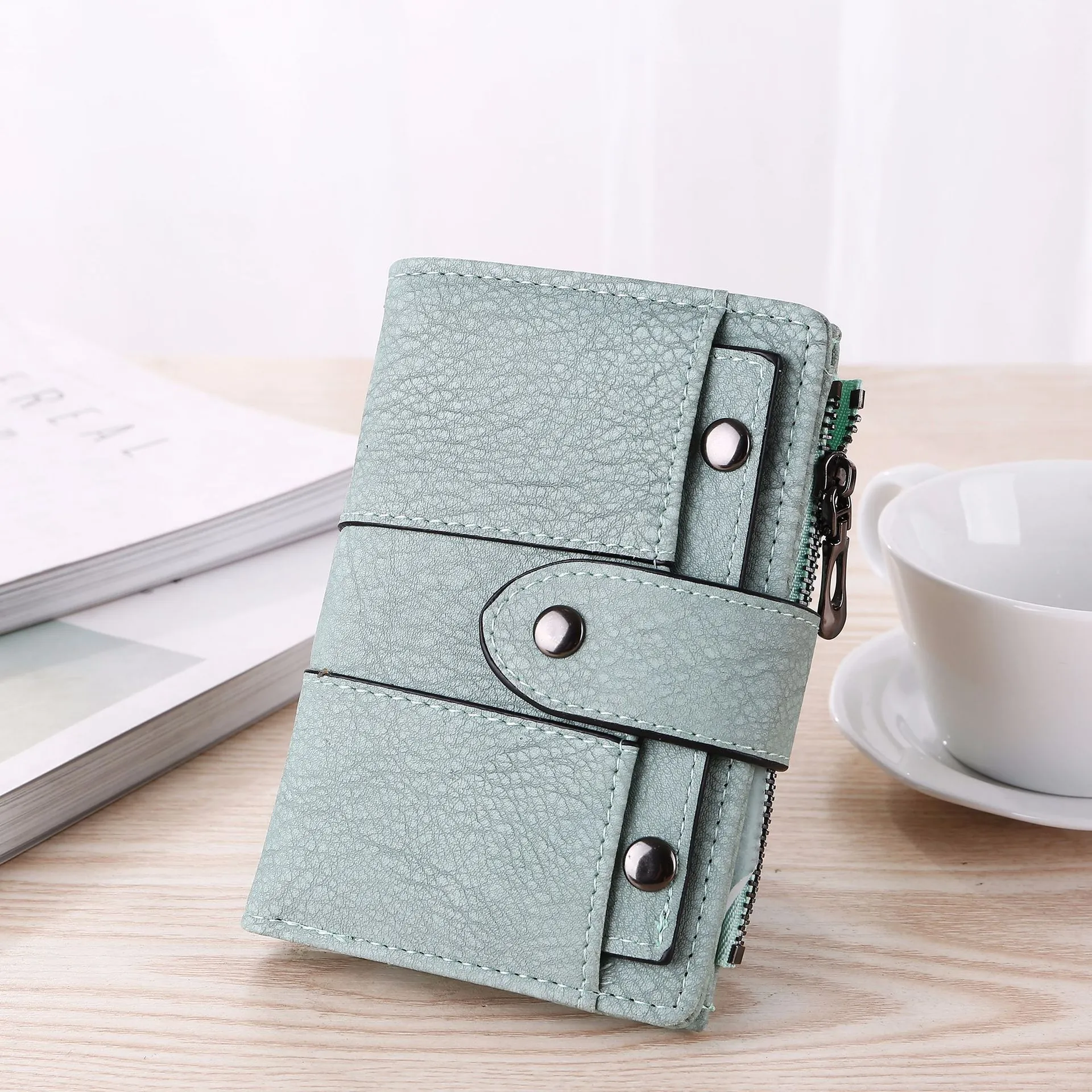 Women Vintage PU Leather Small Wallet Short Trifold Rivet Buckle Zipper Coin Purse Card Holder Ladies Fashion Purse