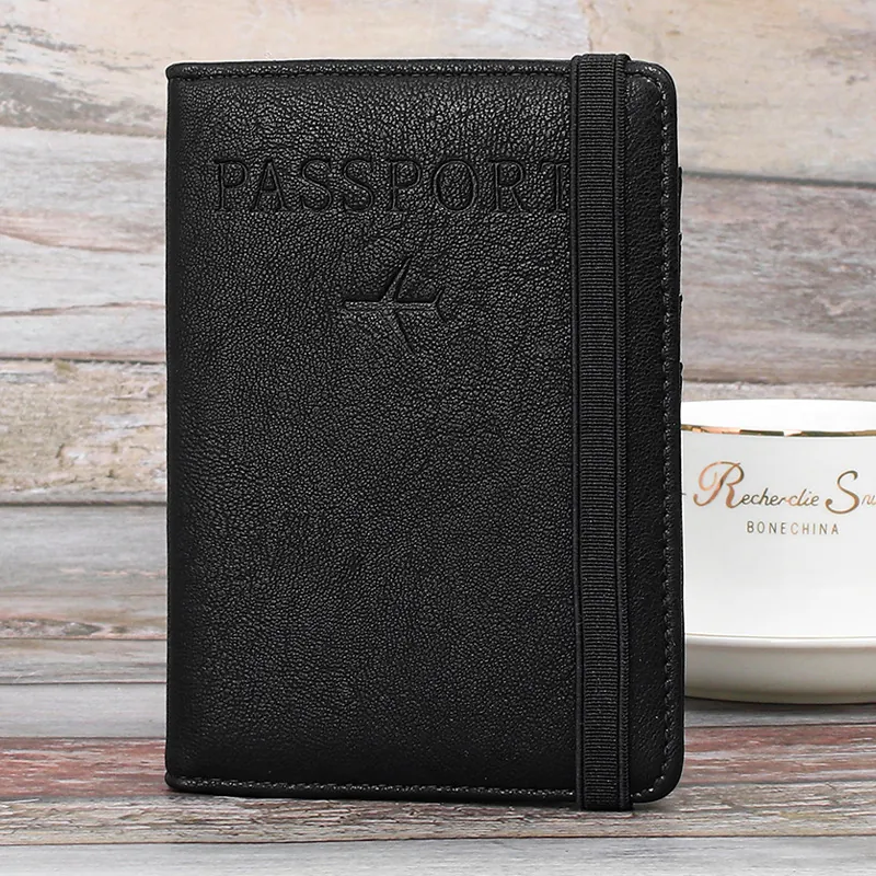 RFID Blocking PU Leather Passport Holder Travel Wallet Lychee Texture Document Organizer With Elastic Strap Closure Unisex