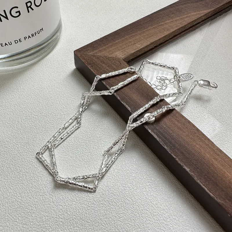Women's 925 Sterling Silver Textured Irregular Geometric Necklace Minimalist Lava Texture Clavicle Chain Fashion Jewelry