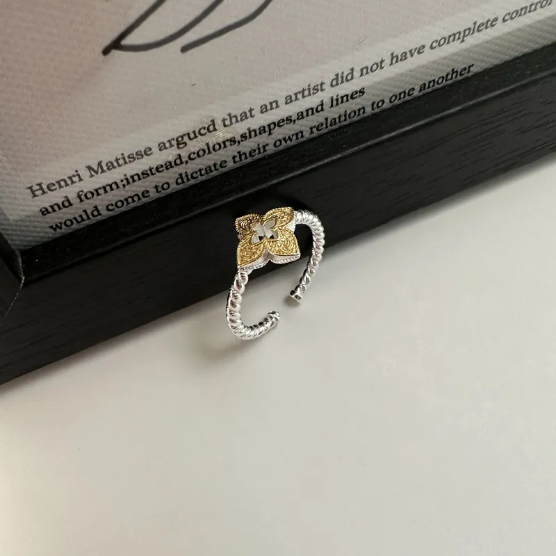 925 Sterling Silver Two-Tone Arabesque Clover Ring For Women Adjustable Open Finger Ring Retro Korean INS Style Jewelry Gift